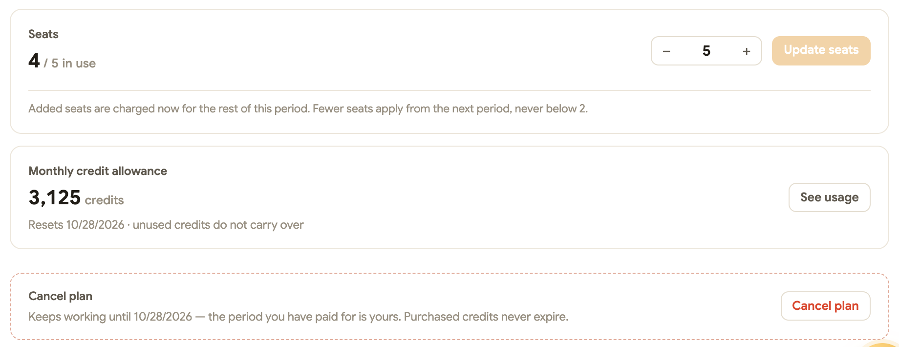 Billing → Plan: Seats 4 / 5 in use with a stepper and Update seats, the monthly credit allowance, and Cancel plan
