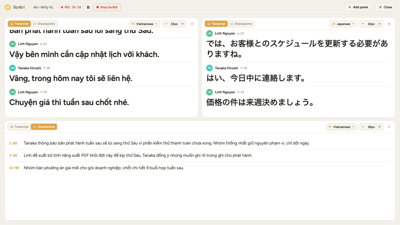 Focus mode with three panels: Vietnamese transcript, Japanese transcript, and chapters