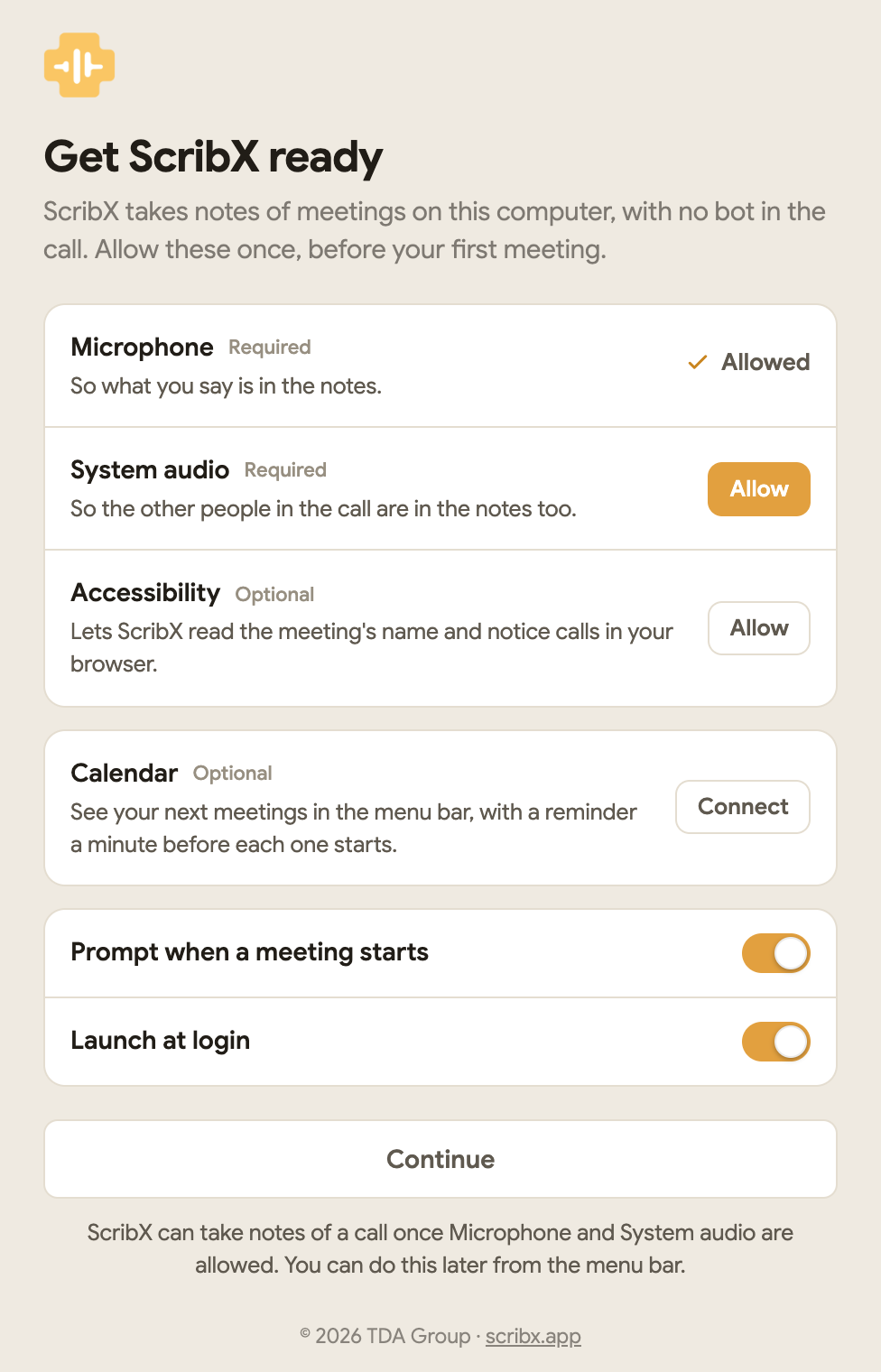 The Get ScribX ready window: Microphone allowed, System audio and Accessibility with Allow buttons, Calendar with Connect, and the switches for prompting and launching at login