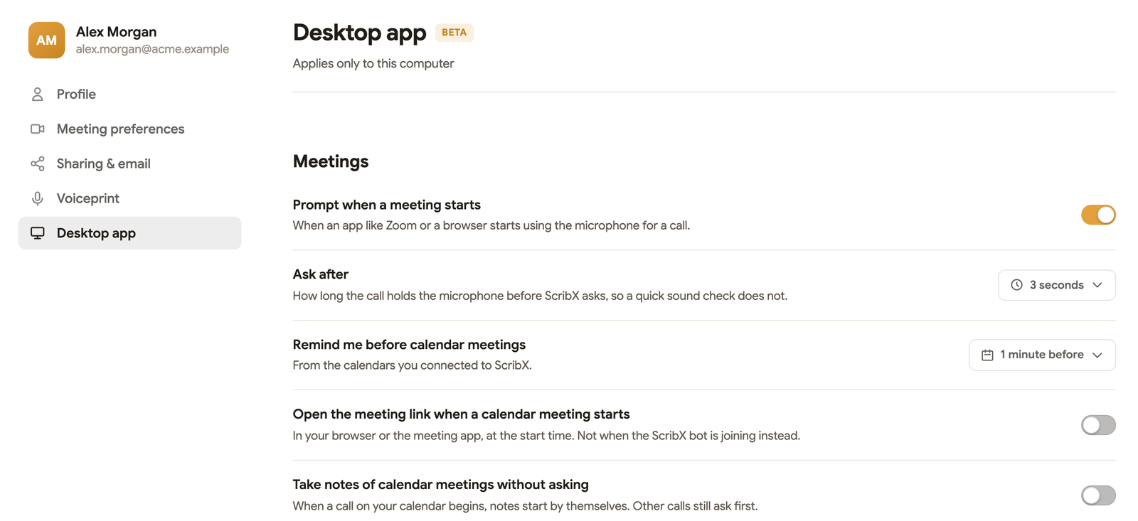 Settings, Desktop app (Beta): Prompt when a meeting starts, Ask after 3 seconds, reminders, calendar options and Stay quiet in Focus