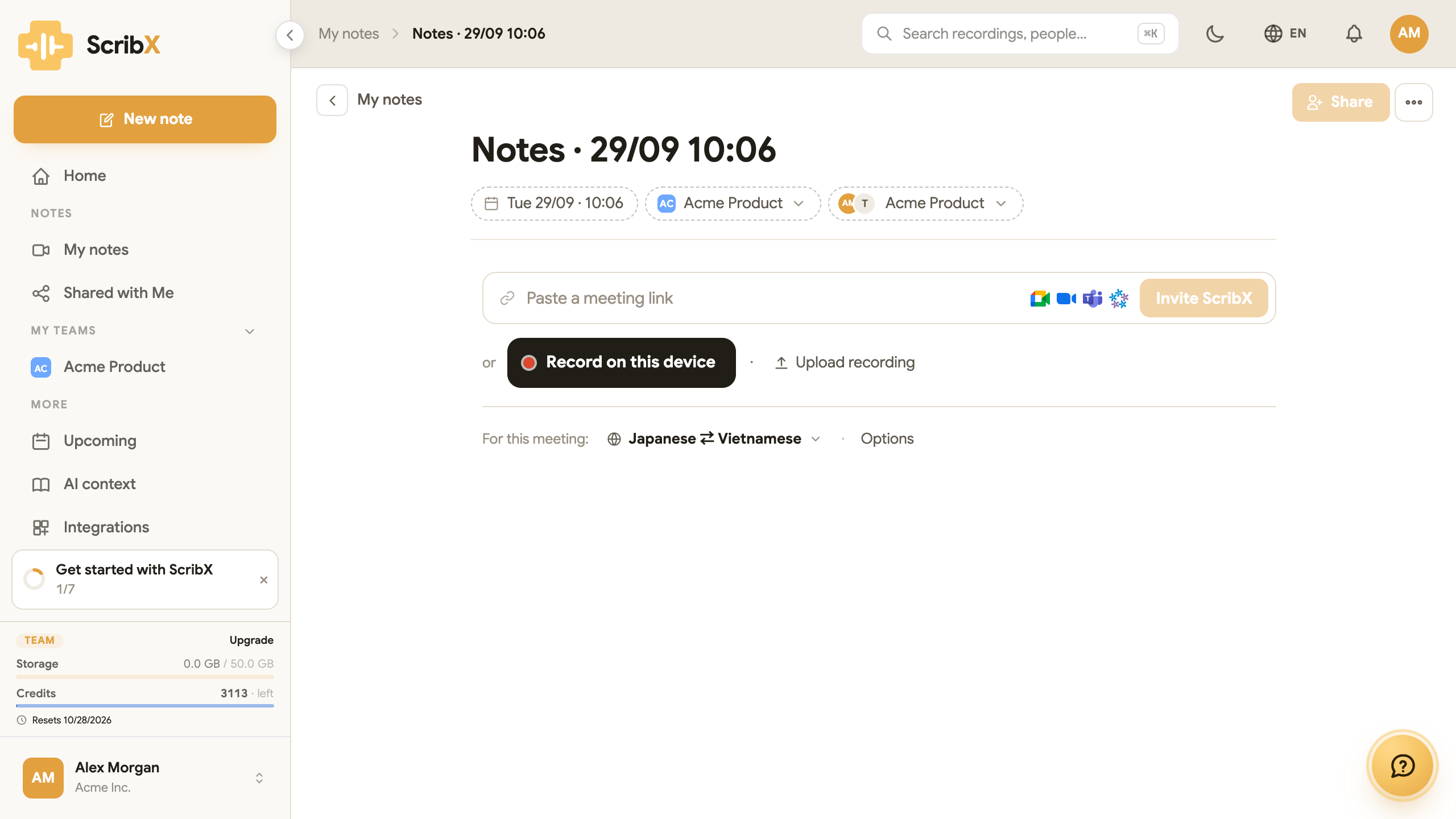 A new, empty note: the meeting-link field with Invite ScribX, then Record on this device and Upload recording, then For this meeting with the language button and Options