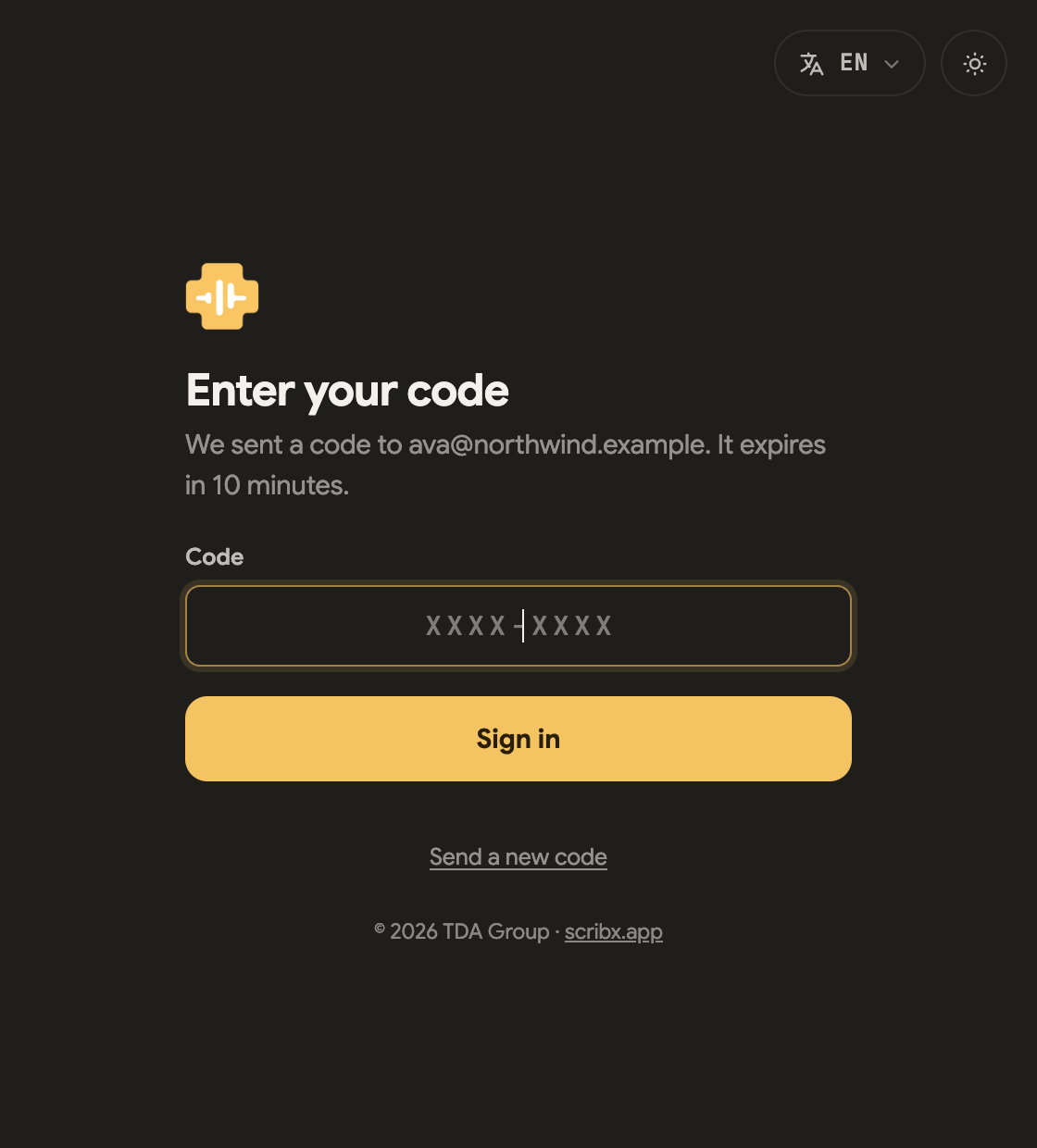 The Enter your code screen, with a code field and Send a new code