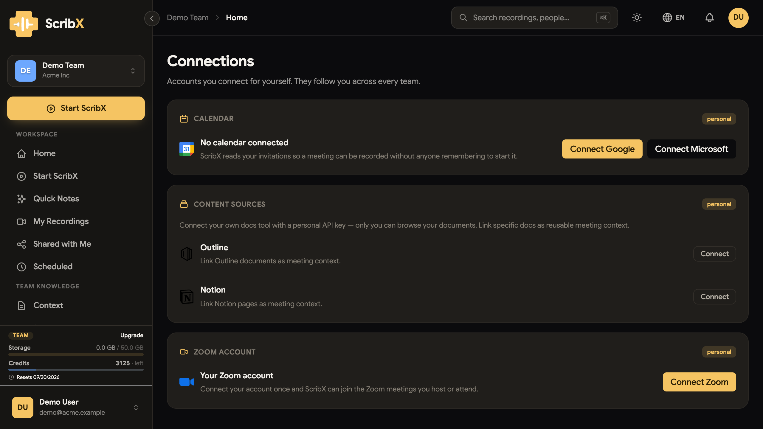 The Connections page in ScribX, showing the Calendar, Content sources and Zoom account cards