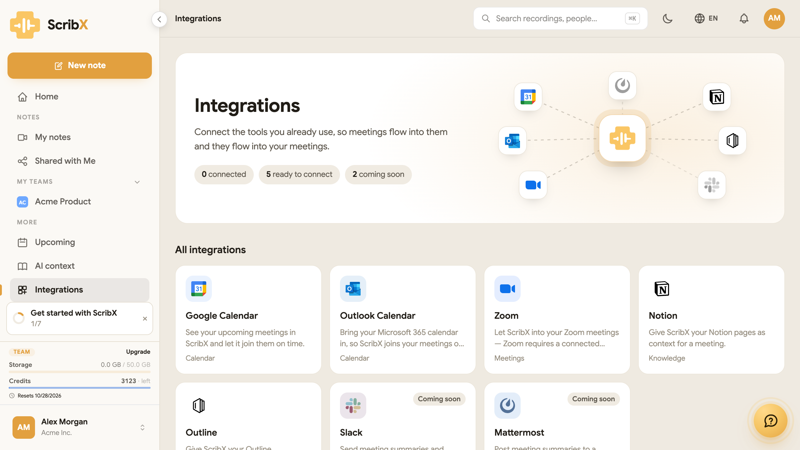 The Integrations page: Google Calendar, Outlook Calendar, Zoom, Notion and Outline, what is coming soon, the Chrome extension, and MCP, API and Webhooks under Advanced