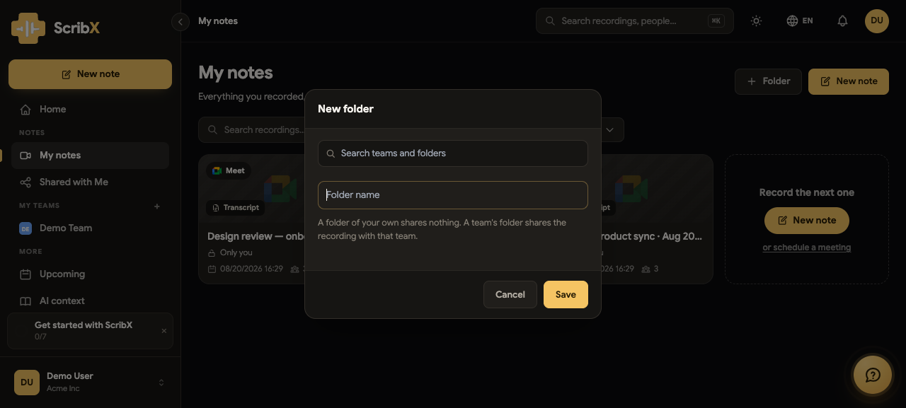 The New folder dialog, saying what a folder of your own shares and what a team's folder shares