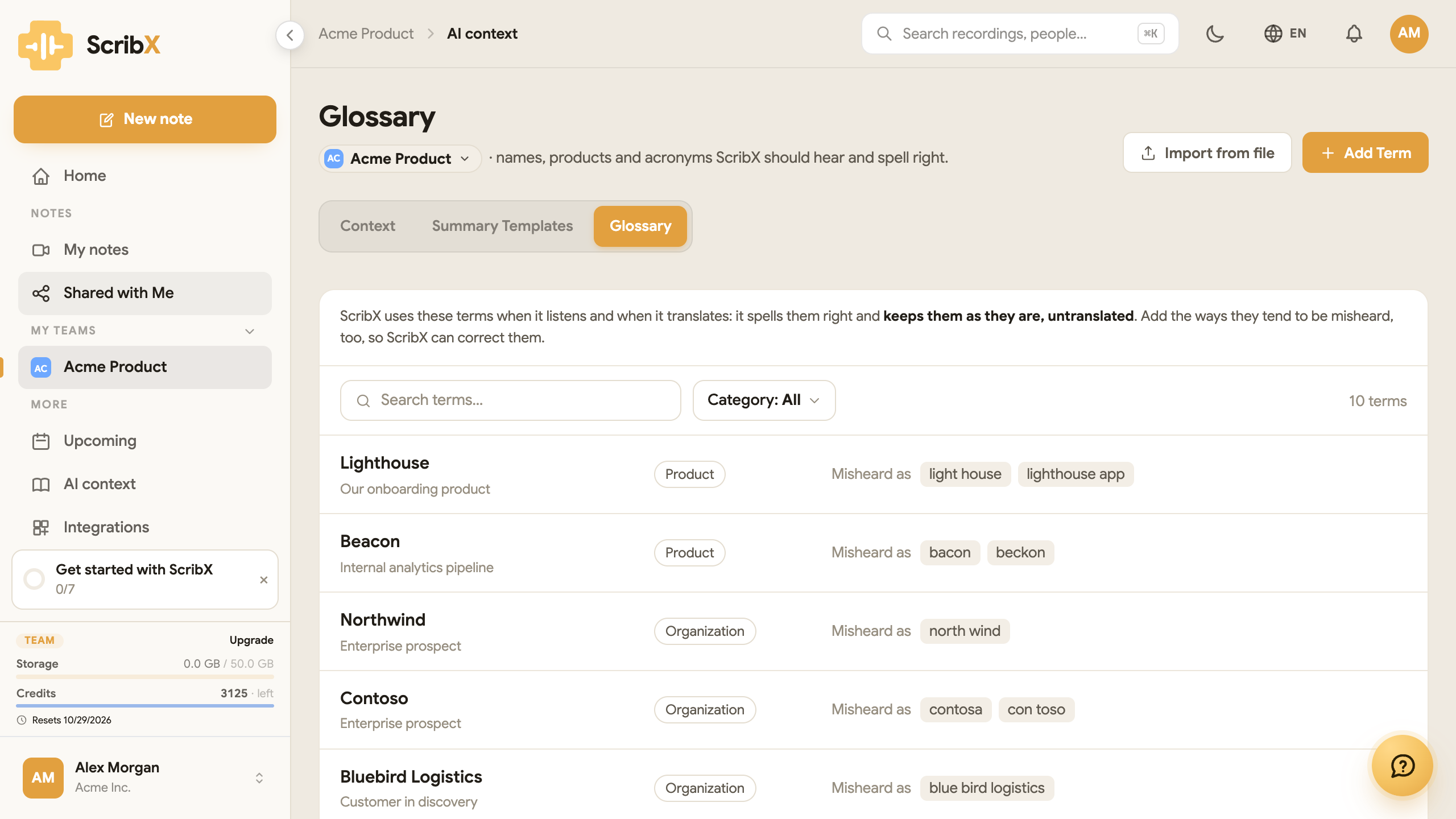 AI context → Glossary for the Acme Product team: terms with a description, a category tag and the ways each is misheard