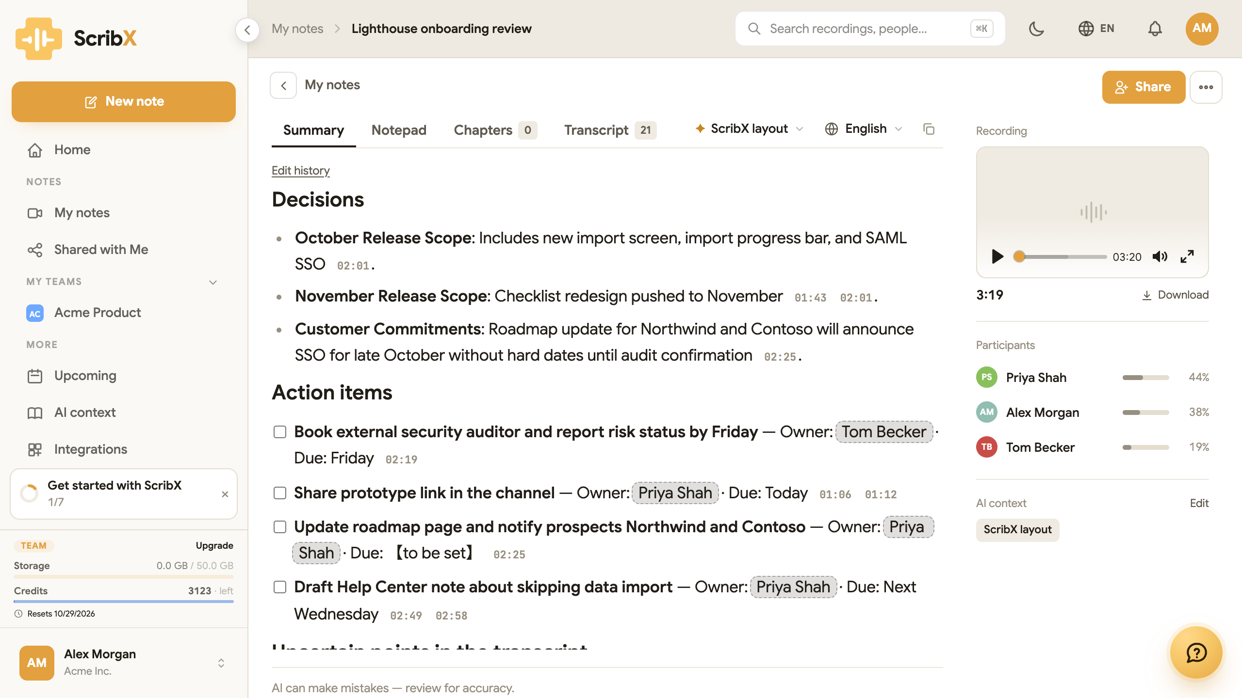 The decisions and action items of a ScribX layout summary: action items as a checklist with owners, due dates and timestamps