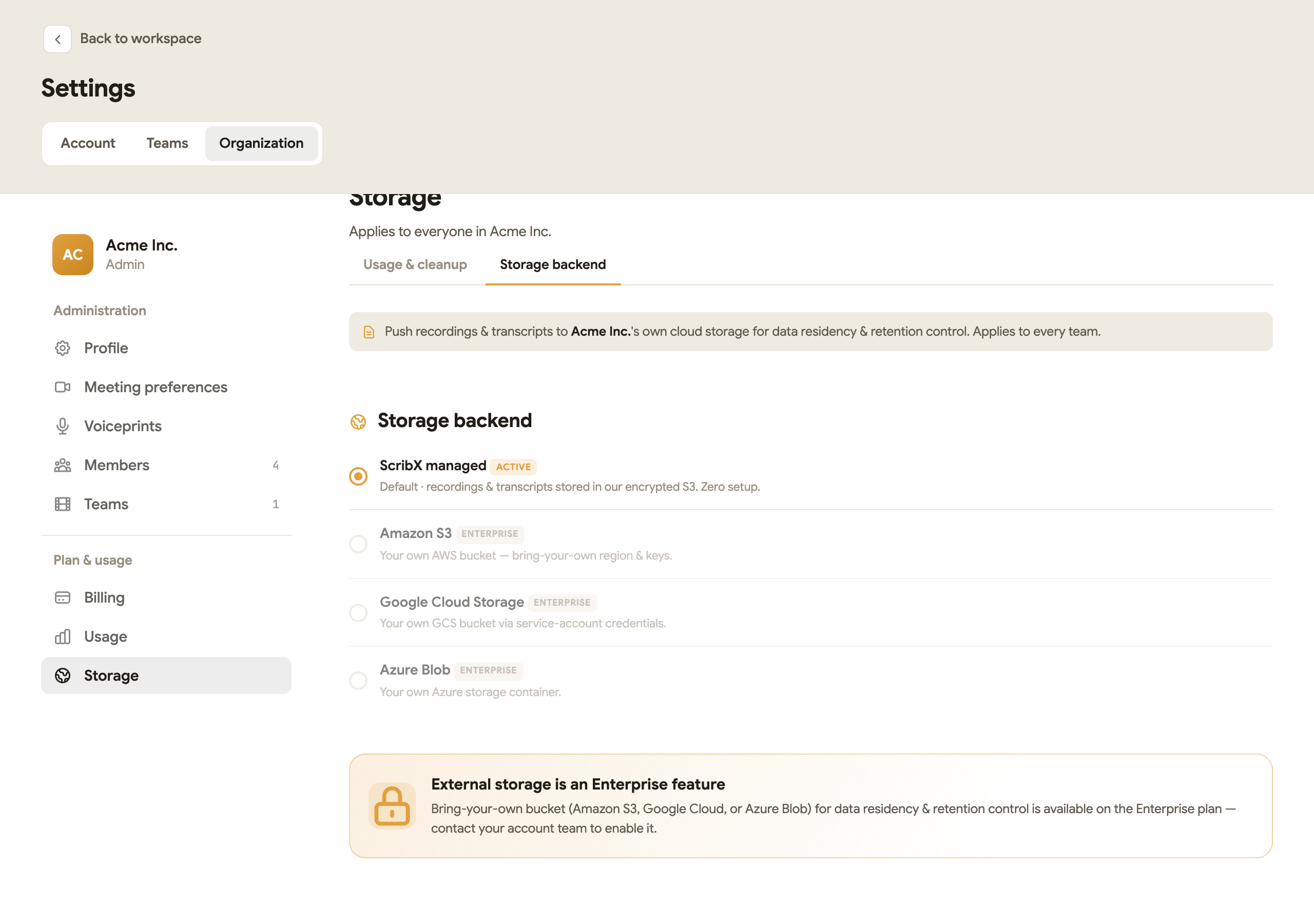 Settings → Organization → Storage → Storage backend: ScribX managed is active; Amazon S3, Google Cloud Storage and Azure Blob are marked Enterprise; a note says external storage is an Enterprise feature