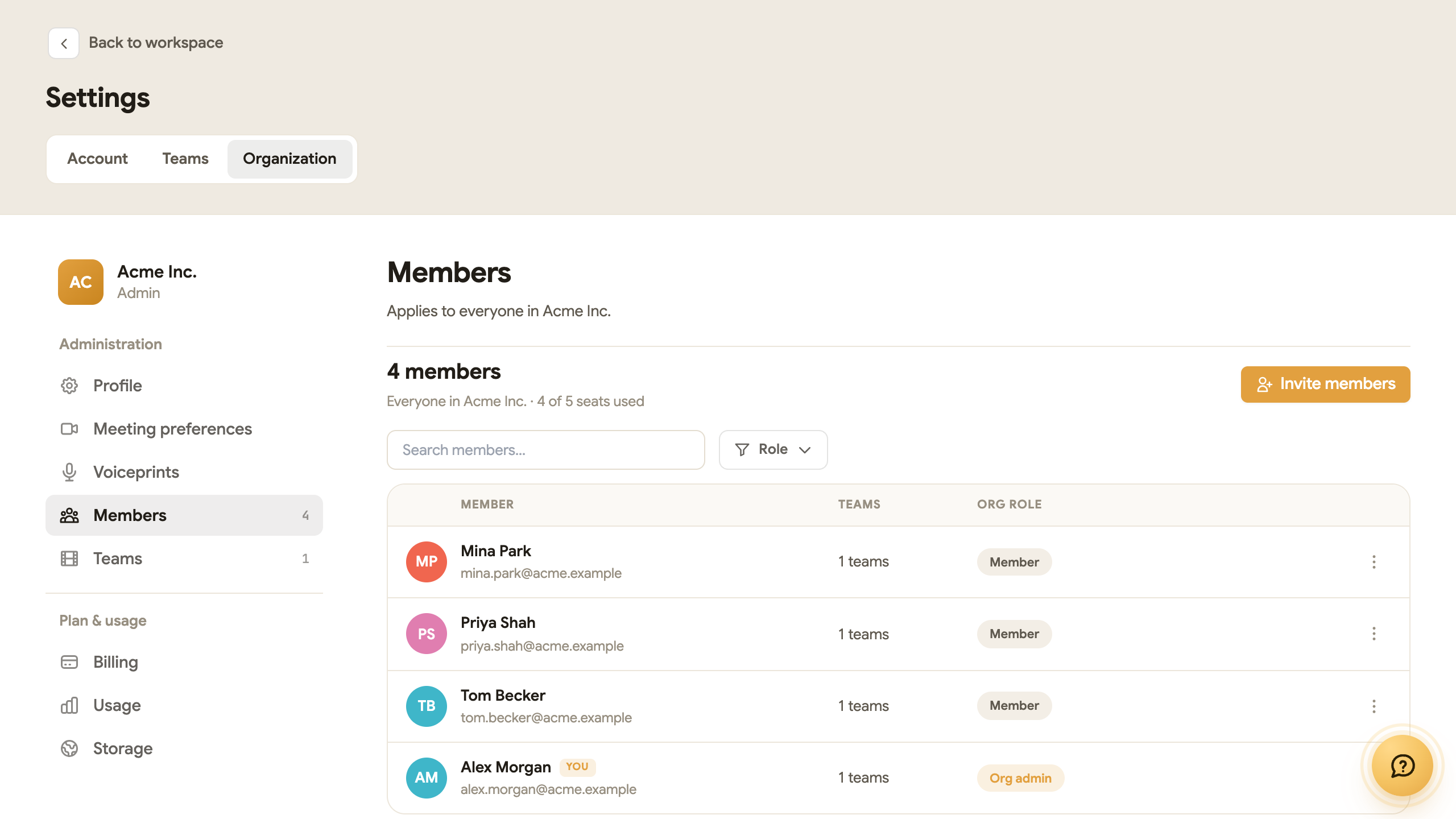 Settings → Organization → Members: the organization's pages on the left under Administration and Plan & usage, and the member list with seats in use