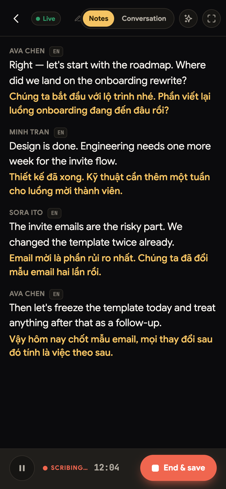 Compact mode mid-note — live bilingual transcript, live controls in the header, and the recording bar