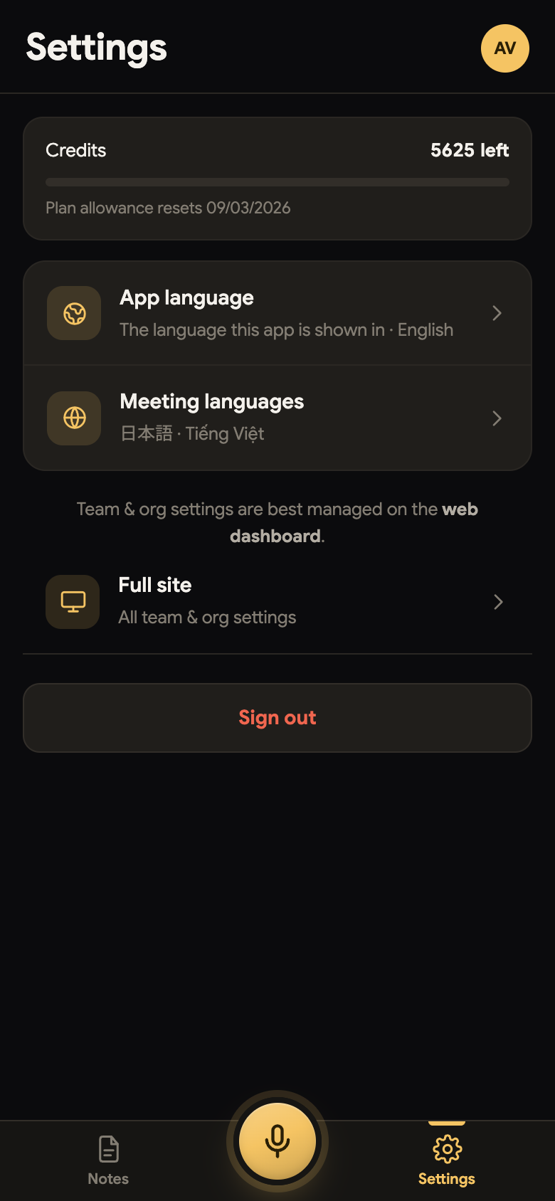 The Settings tab in Compact mode — credit meter, App language, Meeting languages, Full site