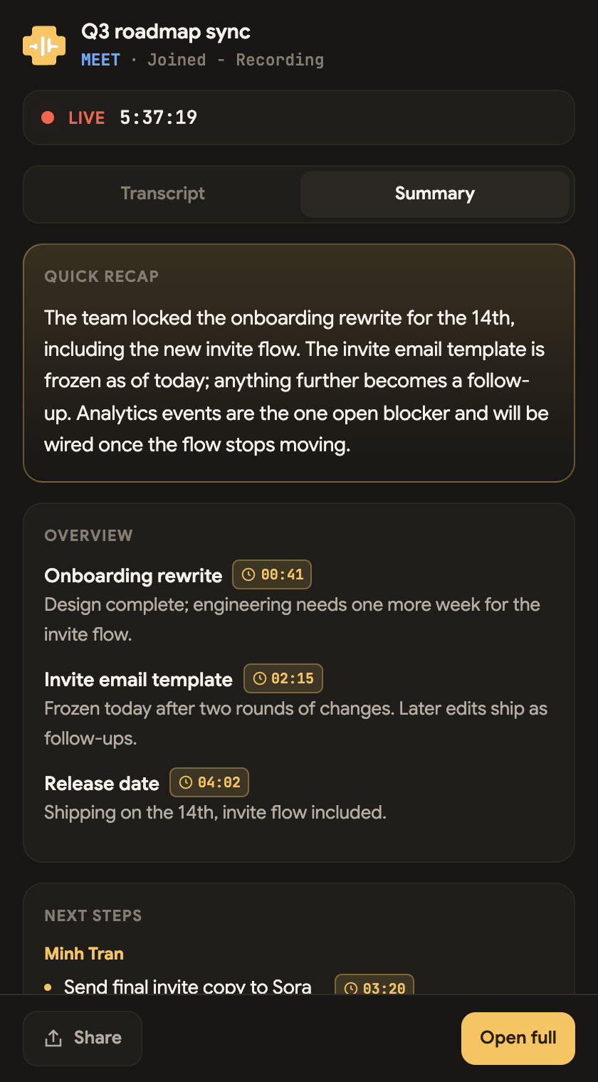 The Summary tab of the Live Companion — quick recap, overview and next steps