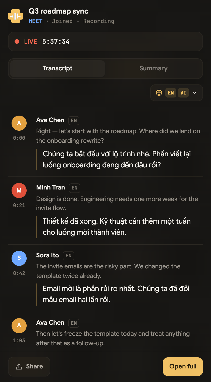 Animation: scrolling the Companion transcript, opening the language picker, switching to Summary