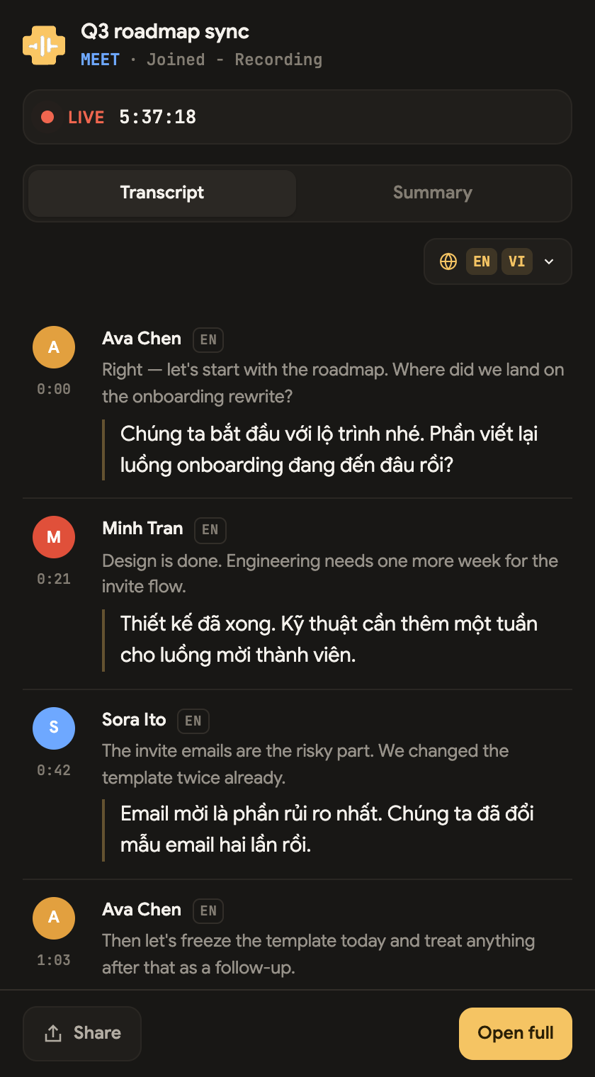 The Live Companion pop-out — meeting header, live badge, bilingual transcript