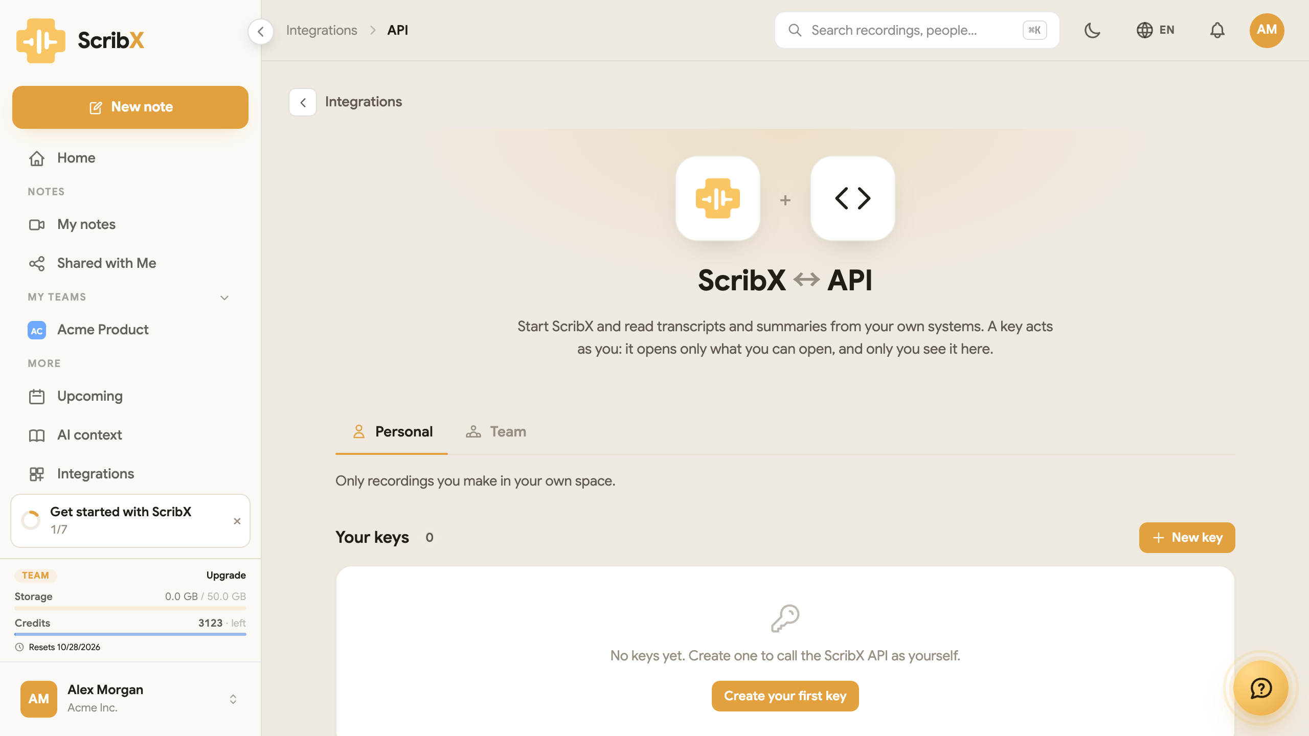 連携 → API：ScribX ↔ API、個人 と チーム のタブ、そして 新しいキー ボタン付きのキー一覧