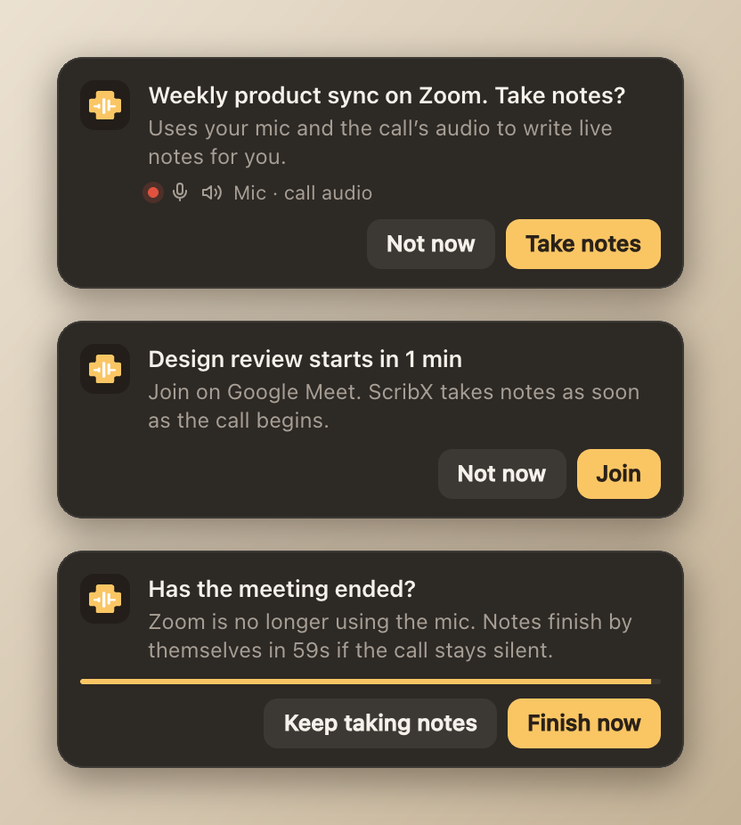 Three cards: a Zoom meeting started with Take notes and Not now, a calendar meeting starting in one minute with Join, and Has the meeting ended with Finish now and Keep taking notes