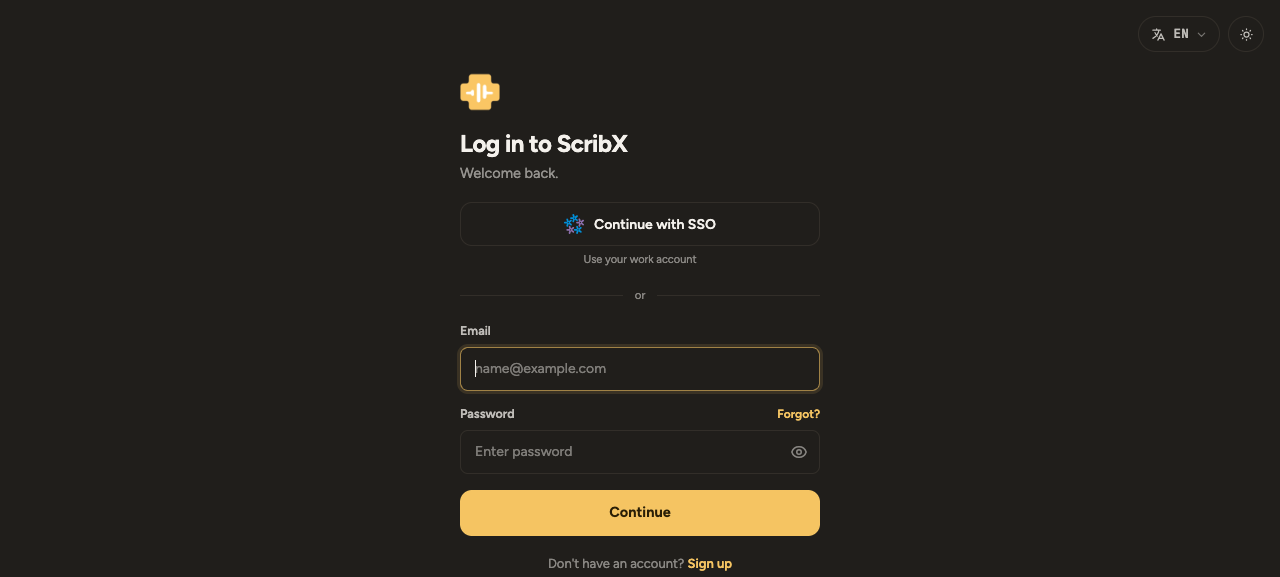 SSO とメールのオプションがある ScribX のログイン画面