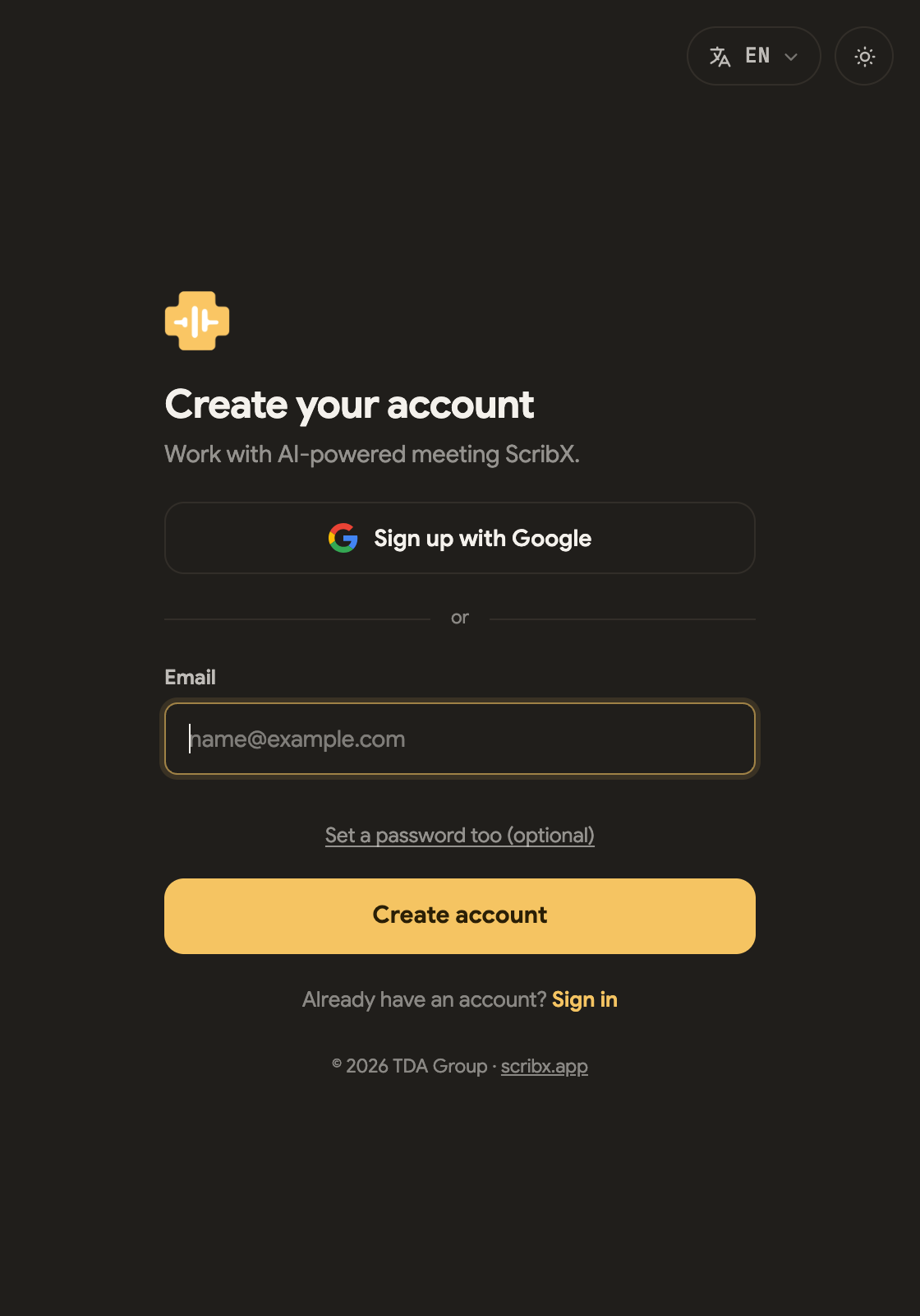 ScribX のサインアップ画面 — Sign up with Google、またはメールアドレス