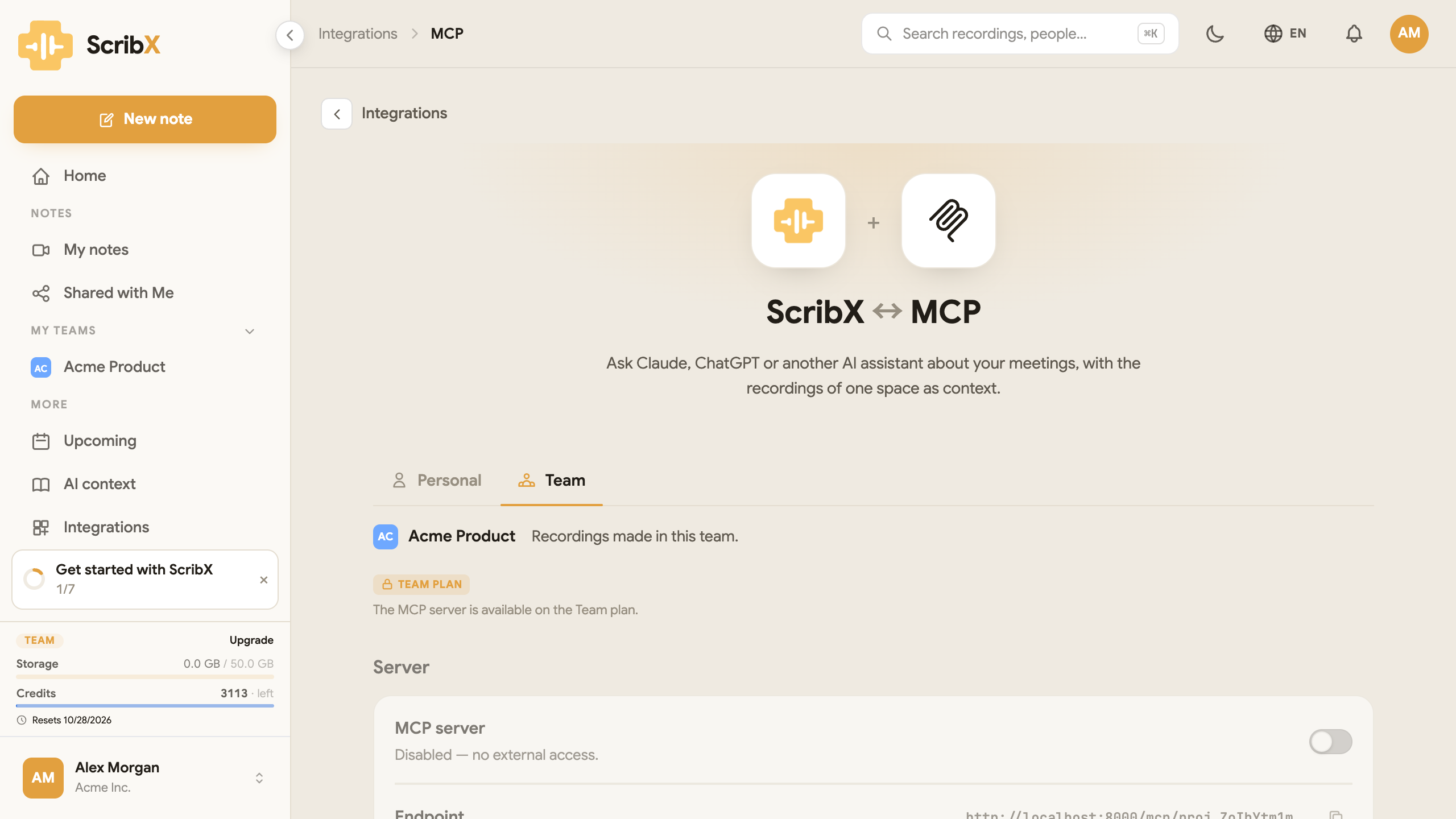 連携 → MCP: ScribX ↔ MCP、個人とチームのタブ (Acme Product チーム)、MCPサーバーのスイッチ