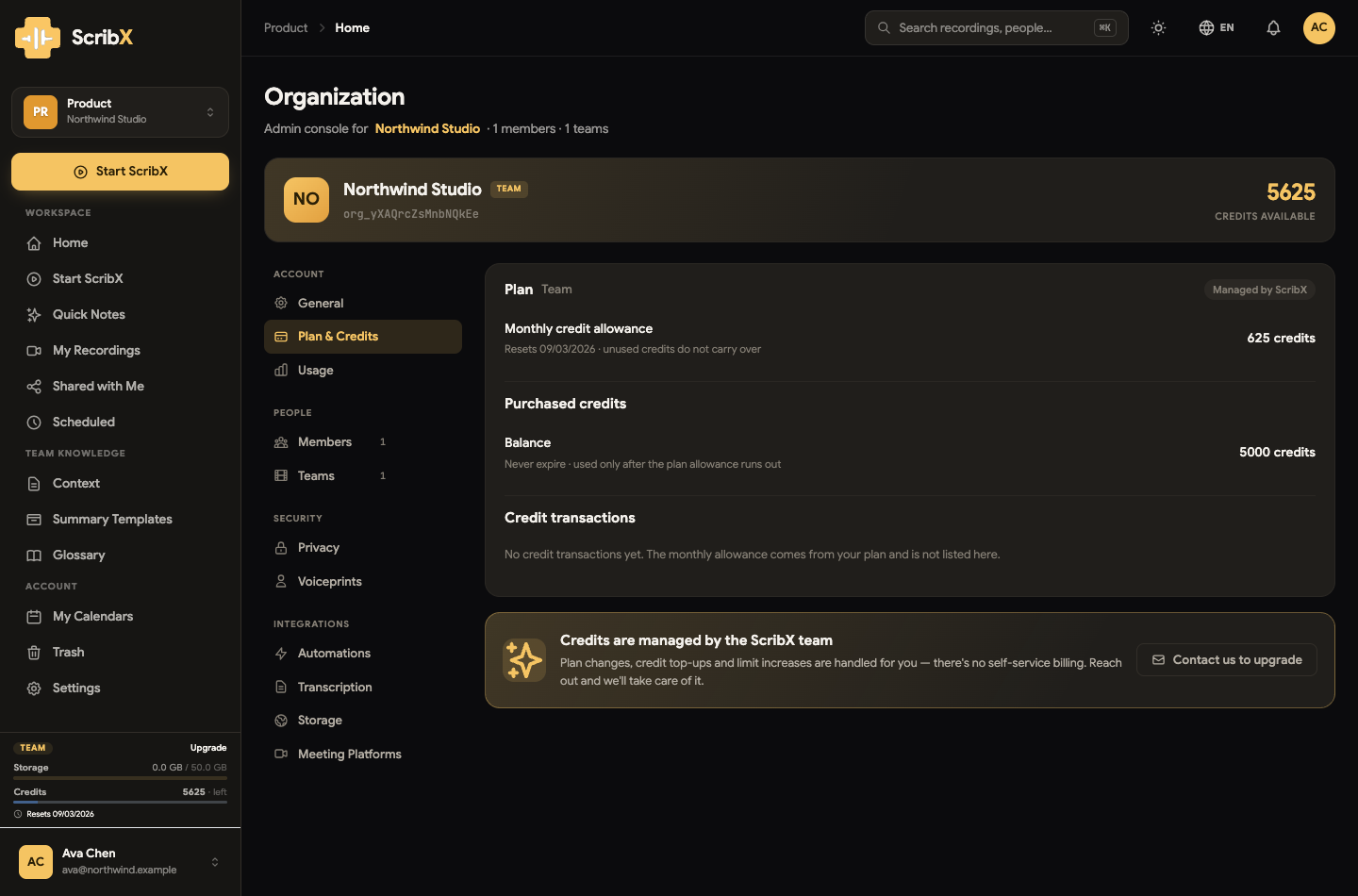 조직 → 플랜 & 크레딧 — 플랜, 월별 할당량, 시작 크레딧 잔액