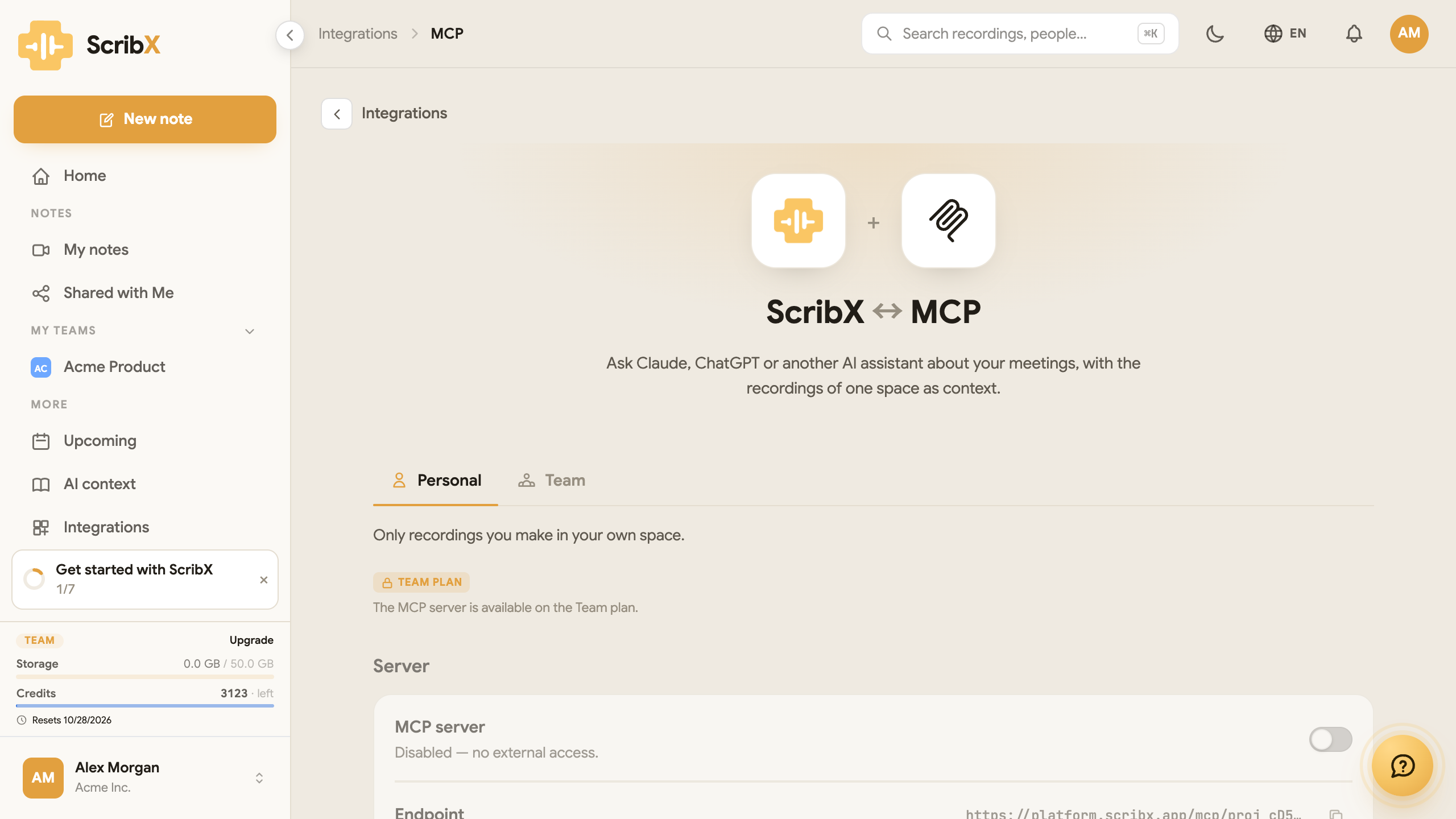 연동 → MCP: ScribX ↔ MCP, 개인 및 팀 탭, 그리고 MCP 서버 스위치