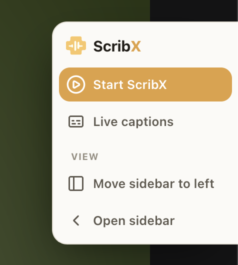 ScribX 빠른 작업 메뉴 — ScribX 시작(봇 초대) vs 실시간 자막(봇 없음)