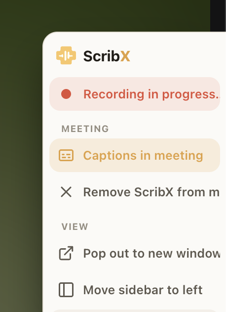 녹화 중 빠른 작업 메뉴 — 회의 중 자막, ScribX 제거, 팝아웃