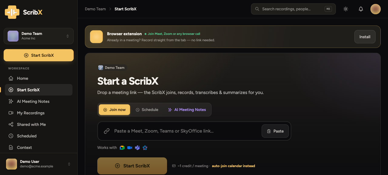 회의 링크 입력란과 시작 버튼이 있는 ScribX 시작 화면