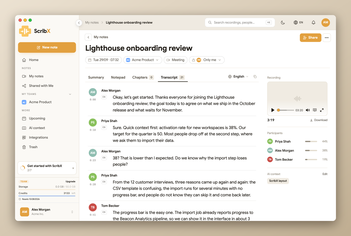 The ScribX app window on a Mac: the sidebar with My notes and teams, and a note with its transcript, recording and participants