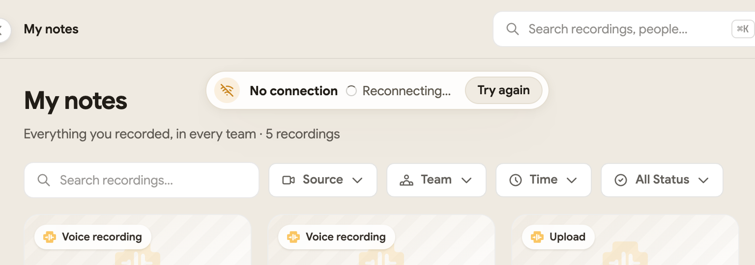 A pill at the top of the page: No connection, Reconnecting…, and Try again