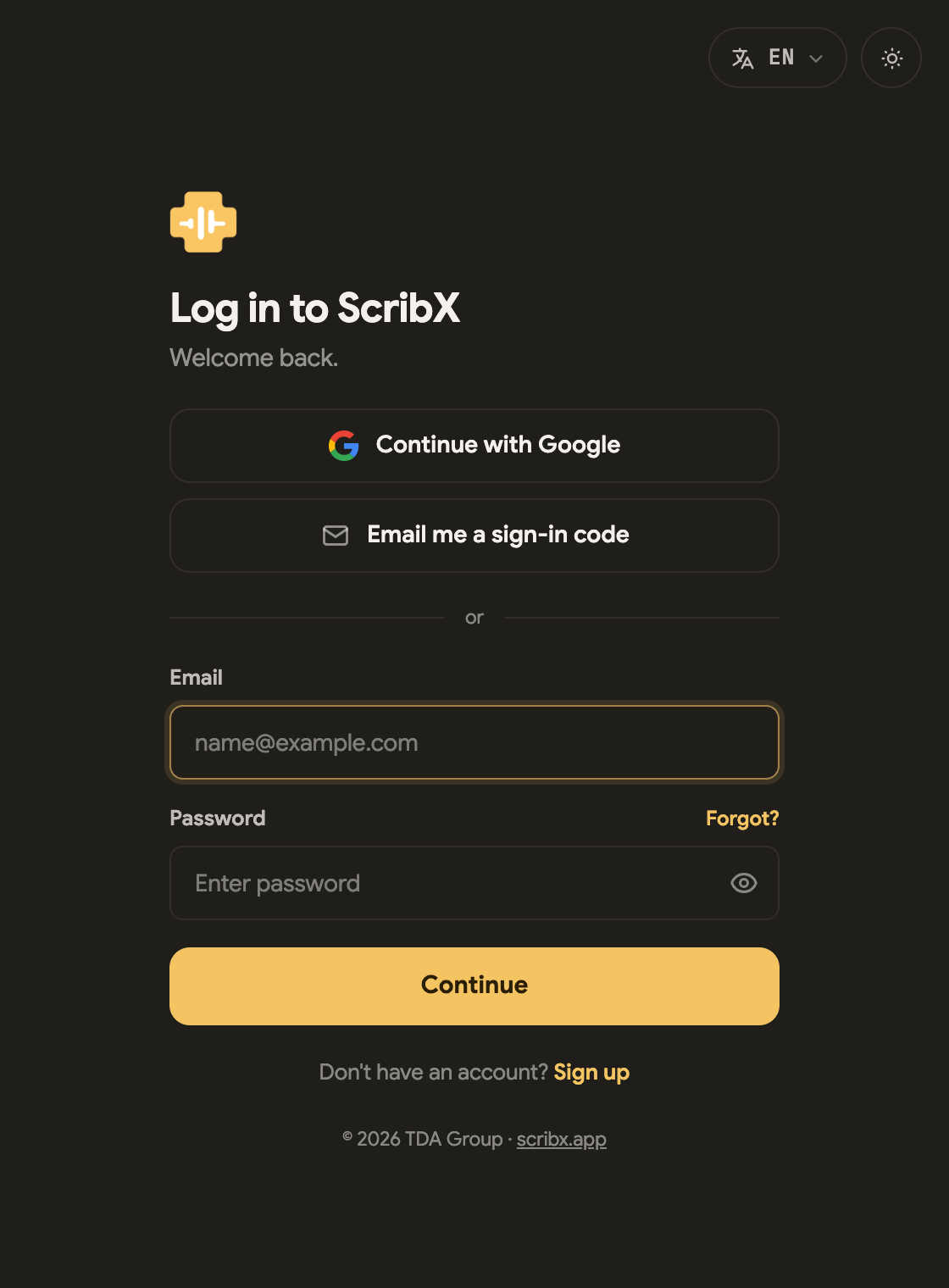 Màn hình đăng nhập ScribX — Continue with Google, Email me a sign-in code, hoặc email và mật khẩu
