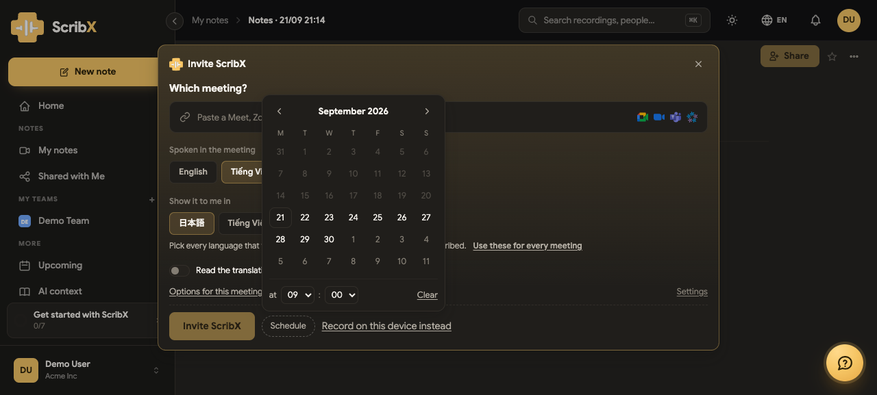 Scheduling a meeting from the New note panel, with a start time and recording settings