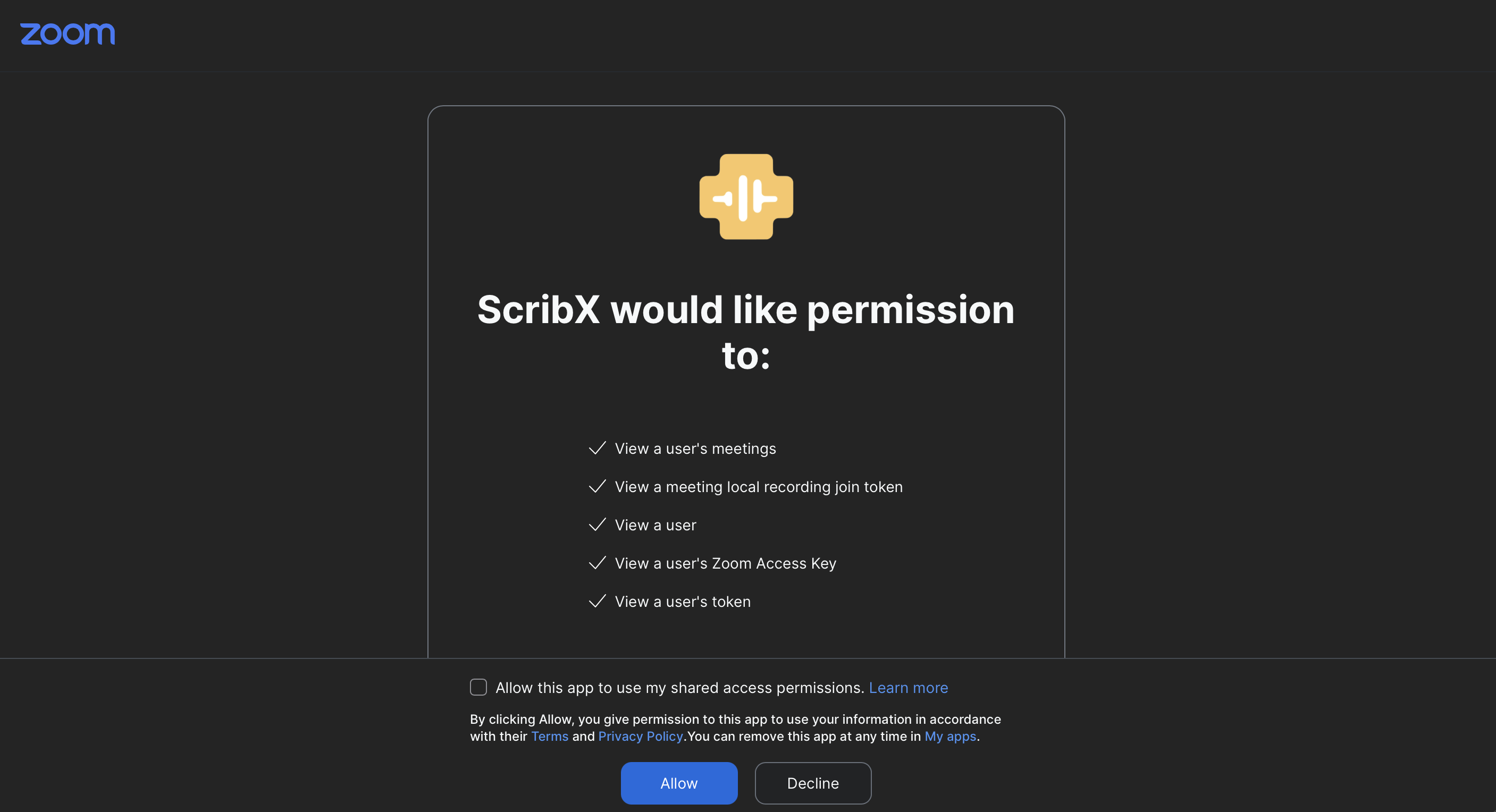 列出 ScribX 所申请权限的 Zoom 授权许可界面